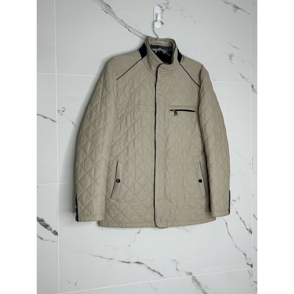 Derimond Quilted Zipped Jacket Genuine Leather Tan Beige Blue Trim Quiet Luxury - Picture 1 of 16